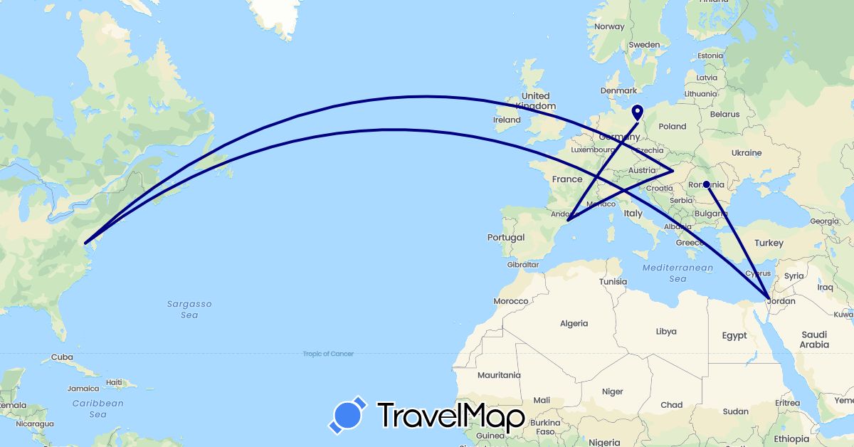 TravelMap itinerary: driving in Germany, Spain, Hungary, Israel, Romania, United States (Asia, Europe, North America)
